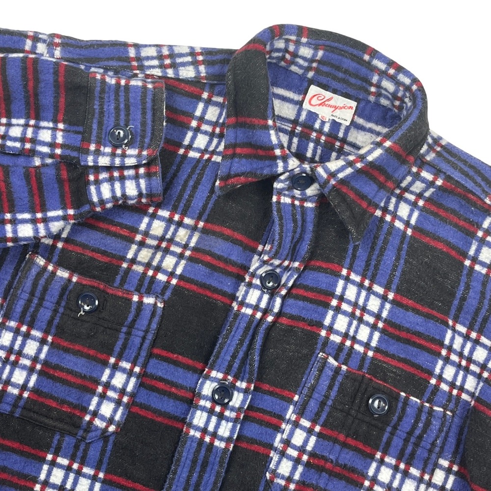 Champion Vintage Mens Plaid Flannel Button Down Shirt Blue Red Large Heavy